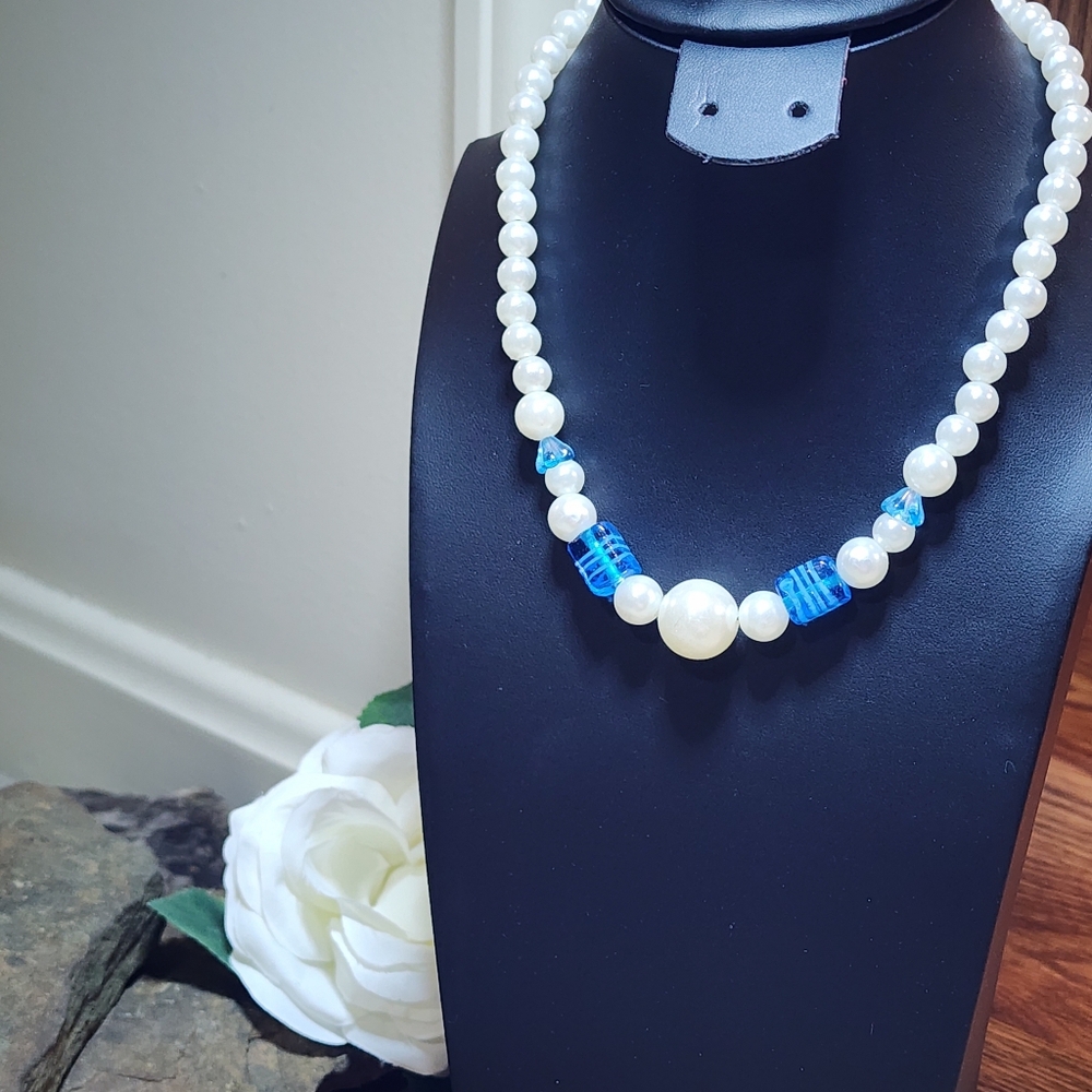 Faux Pearl Necklace With Blue Glass Beads